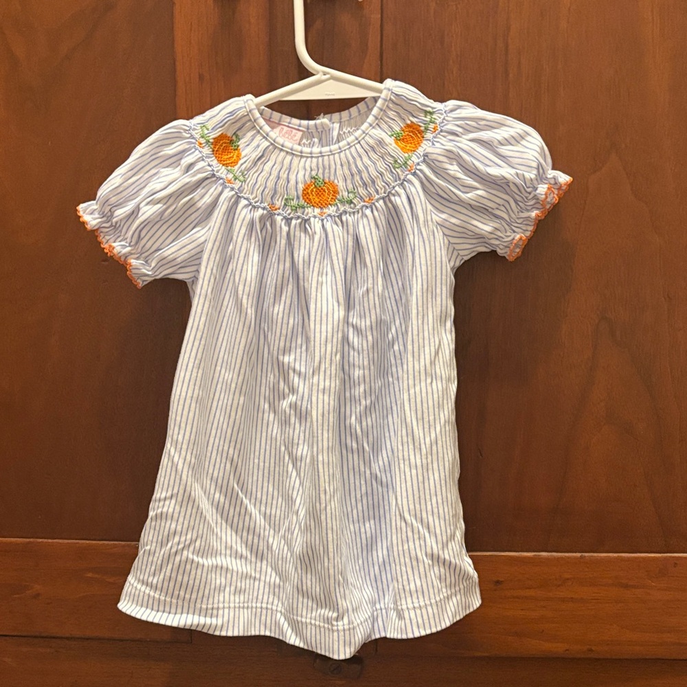 Girls' Blue Striped Smocked Dress with Orange Embroidery